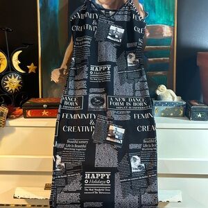 SHEIN Newspaper Print Midi Dress Womens Small Black White Spaghetti Strap Y2K